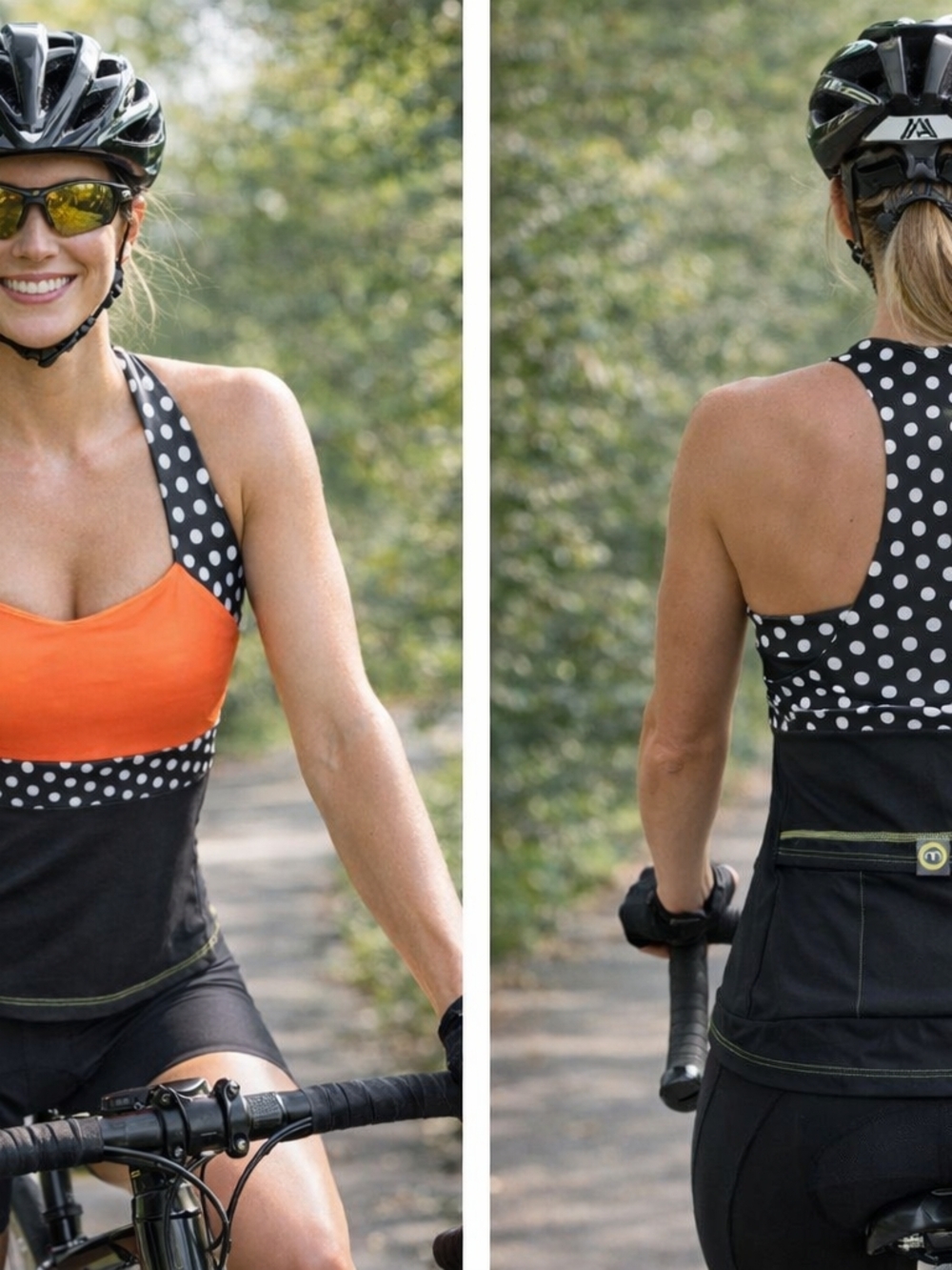 Moxie Cycling Tank Top with Built in Bra Black Orange White Polka Dot Med Pocket